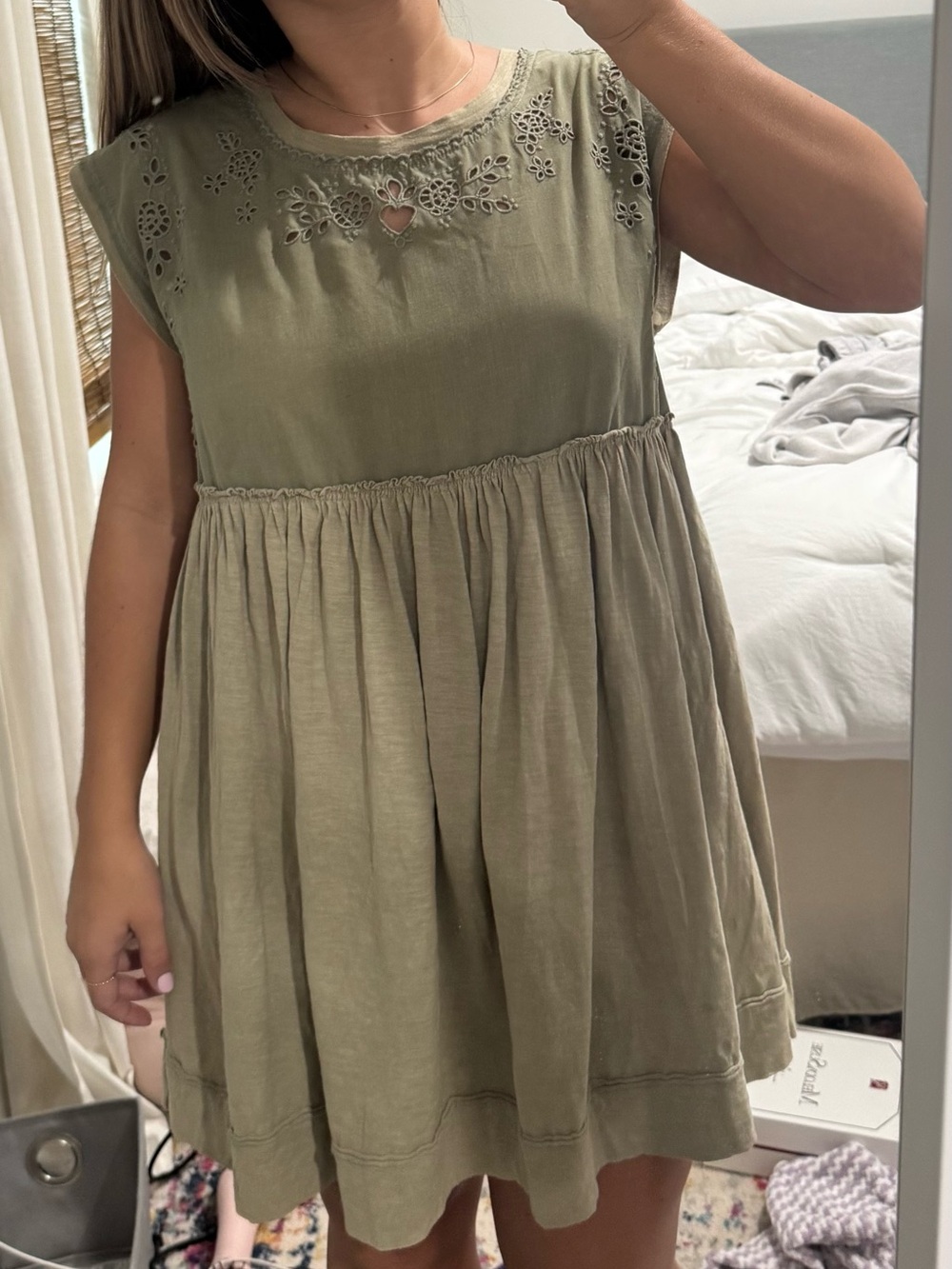 Oli & Hali Olive Green Cutwork Babydoll Mini Dress